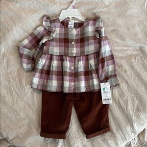 Plaid Ruffle Baby Top and Brown Pants Set (9m)